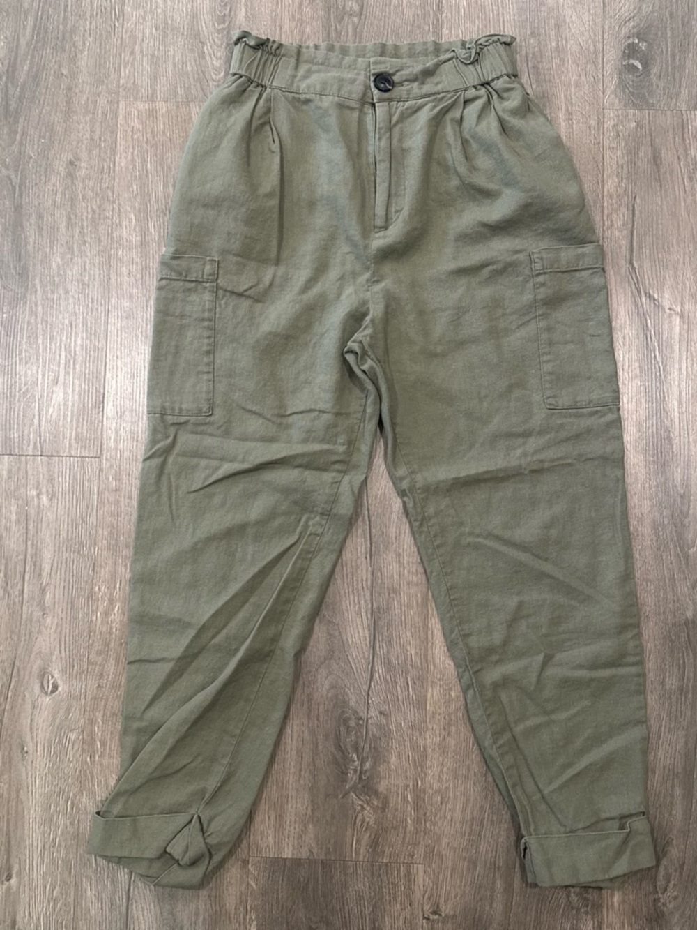 Zara Olive Green Linen Blend Cargo Pants with Elastic Waist